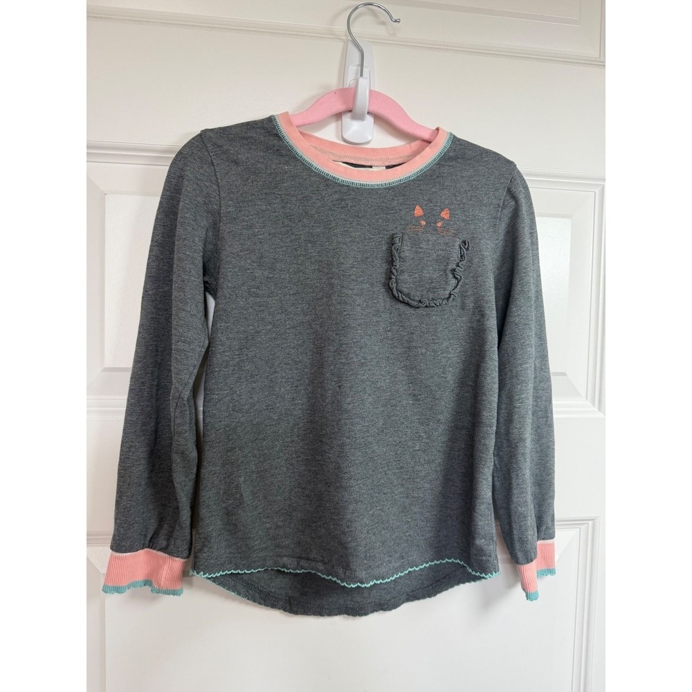 Matilda Jane Girls Gray Pink Cat Ruffle Pocket Long Sleeve Top Size 6
